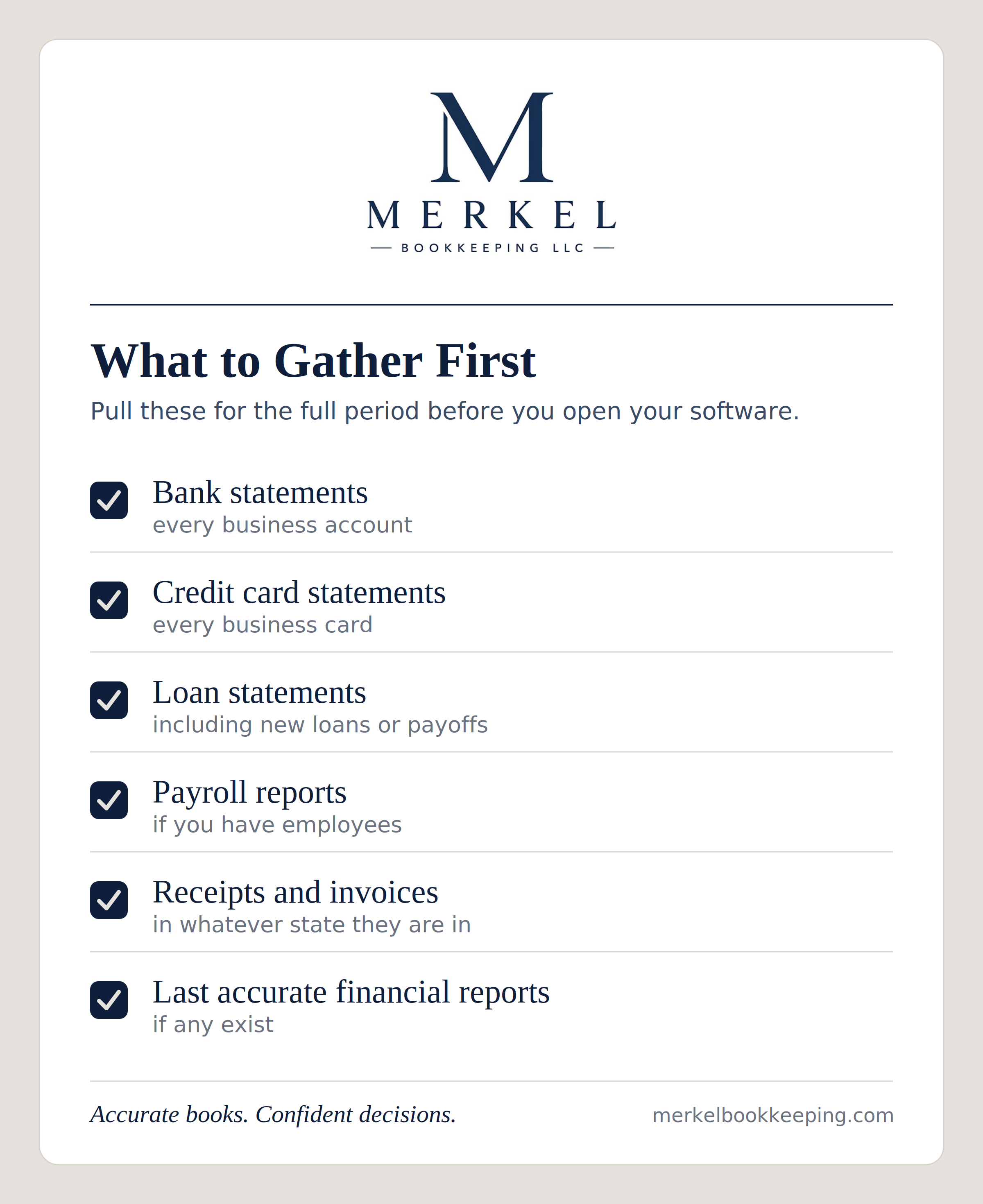 Catch-up bookkeeping document checklist of statements and reports to gather.